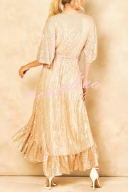 Solid Color Sequined V-neck Waist Tie Loose Maxi Dress