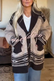 Retro Western Knit Unique Pattern Horn Buttons Pocket Lapel Loose Cardigan