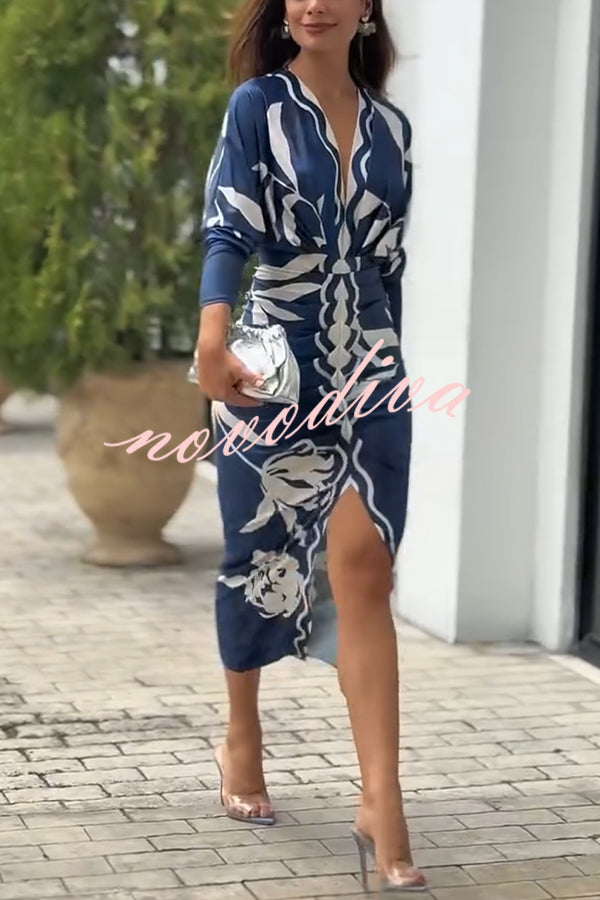 Caliana Unique Print Dolman Long Sleeve Ruched Slit Midi Dress