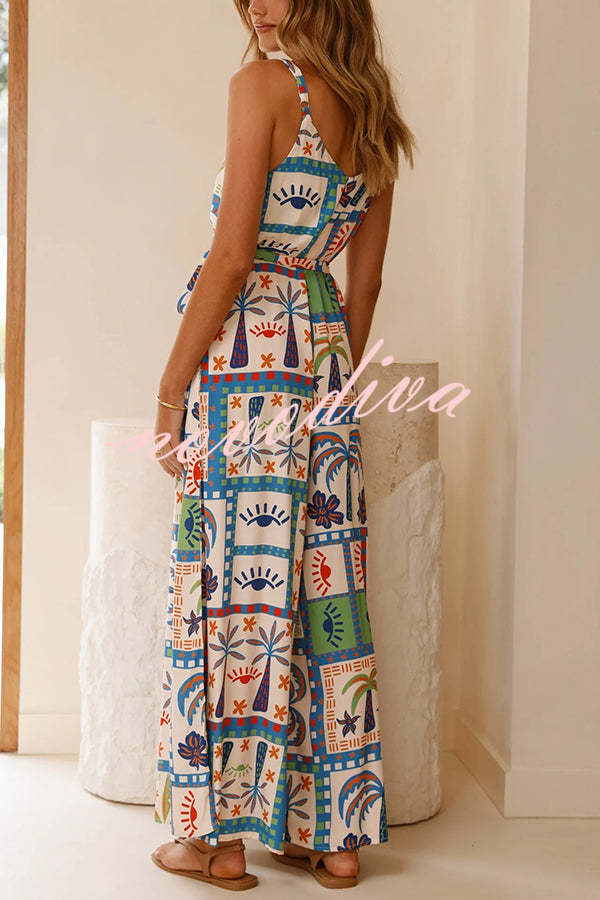 Unique Beach Vacation Print V-neck Suspenders Casual Wide-leg Jumpsuit