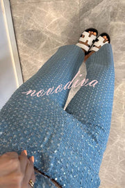 Fashionable Look Denim Sequin Textured High Rise Pocket Straight Jeans