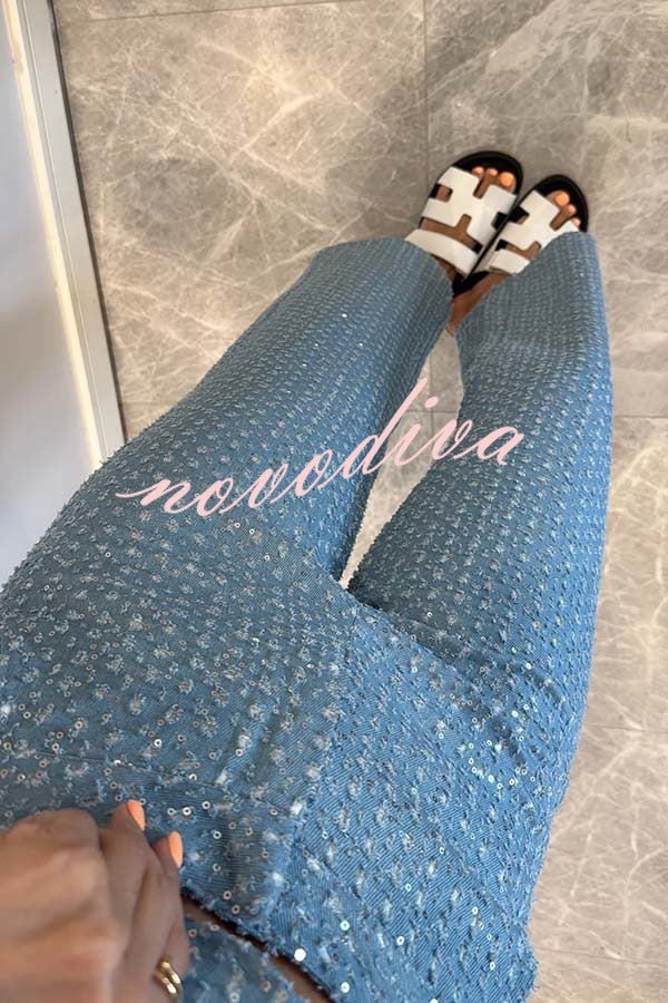 Fashionable Look Denim Sequin Textured High Rise Pocket Straight Jeans