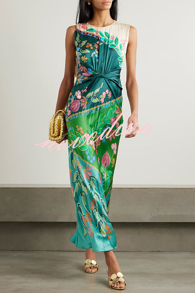 Gwen Satin Unique Print Round Neck Twisted Waist Maxi Dress