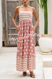 Striped Polka-dot Print Sling Pleated Open-back Maxi Dress