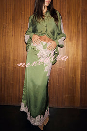 Eye-catching Work Contrast Color Satin Lace Trim Mid Rise Maxi Skirt