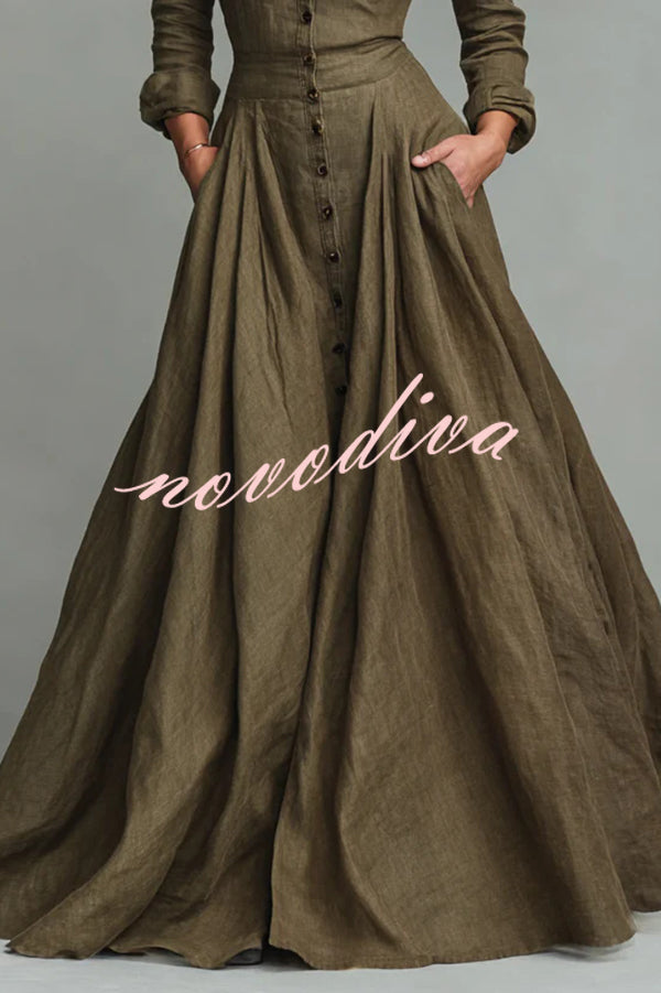 Linen Blend Lapel Pocket Single-breasted Shirt-style Casual Maxi Dress