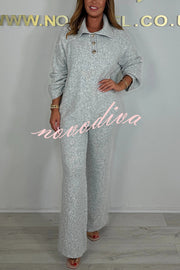 Solid Color Lapel Long-sleeved Loose Top and Elastic Waist Casual Pants Set