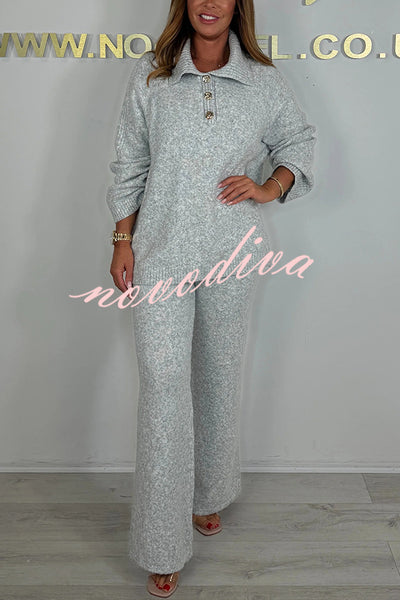 Solid Color Lapel Long-sleeved Loose Top and Elastic Waist Casual Pants Set