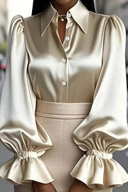 Solid Color Satin Puff Sleeve Casual Button-down Shirt