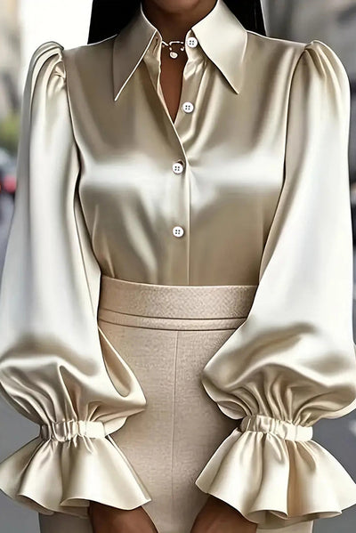 Solid Color Satin Puff Sleeve Casual Button-down Shirt