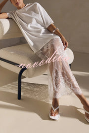 Ophelia Short Sleeve Sheer Floral Lace Hem Oversized T-shirt Maxi Dress