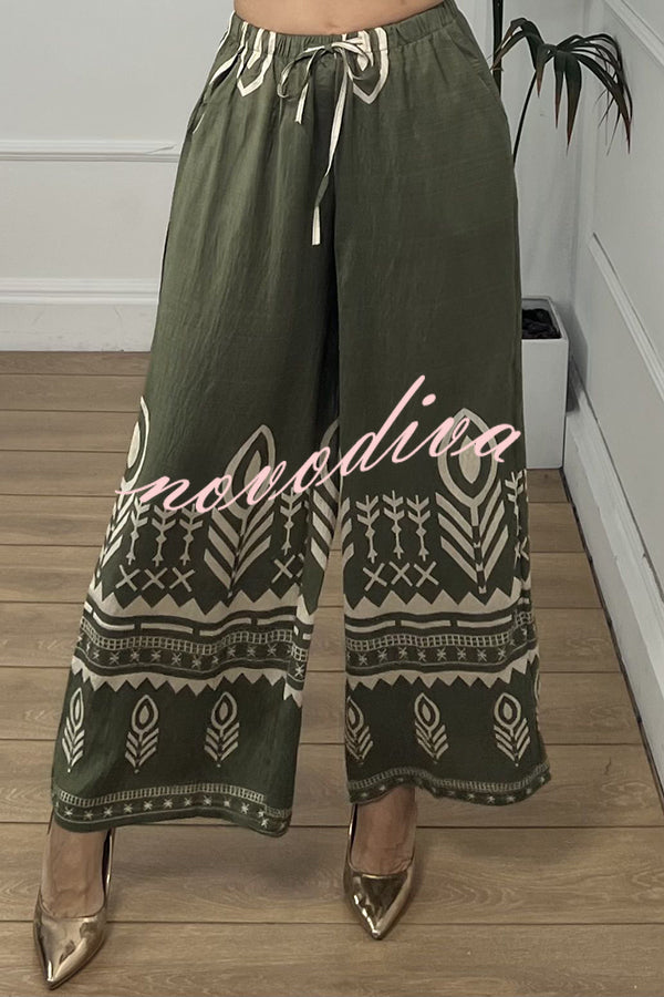 Unique Print Elastic Waist Casual Pocket Wide Leg Pants