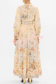 Fairy Tale Print V-Neck Lantern Sleeve Waist Maxi Dress