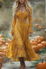 Floral Print V-neck Long-sleeved Pleated Holiday Midi Dress