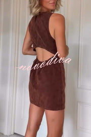 Atlas Faux Suede Open Back Button Accents Zipper Mini Dress