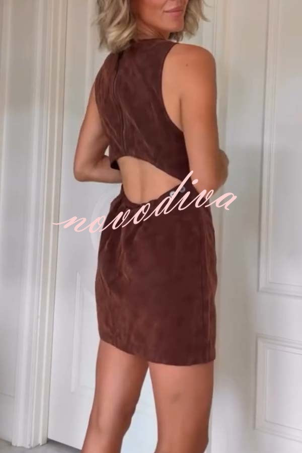 Atlas Faux Suede Open Back Button Accents Zipper Mini Dress