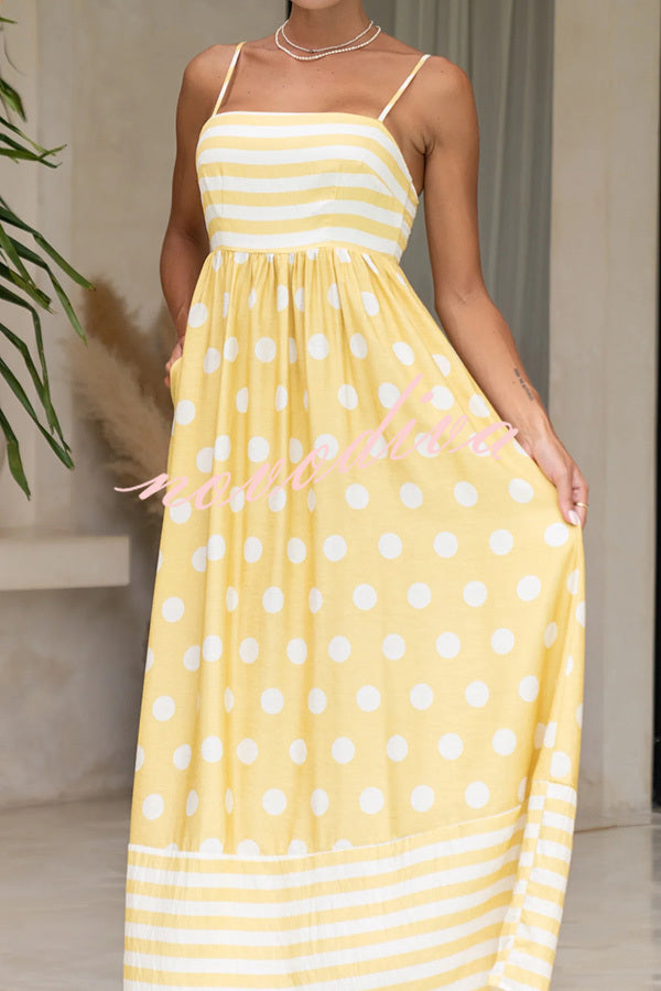 Striped Polka-dot Print Sling Pleated Open-back Maxi Dress