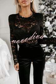 Sonya Lace Velvet Patchwork Long Sleeve Belted Flare Stretch Jumpsuit