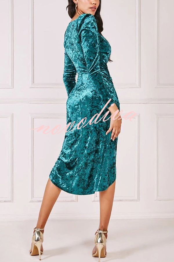 Solid Color Velvet Long-sleeved Slim-fit Slit Midi Dress