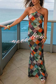 Little Mermaid Colorful Scales Print Halter Maxi Dress