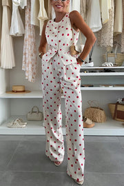 Koreen Polka Dot Round Neck Button Vest and High Rise Pocket Straight Pants Set