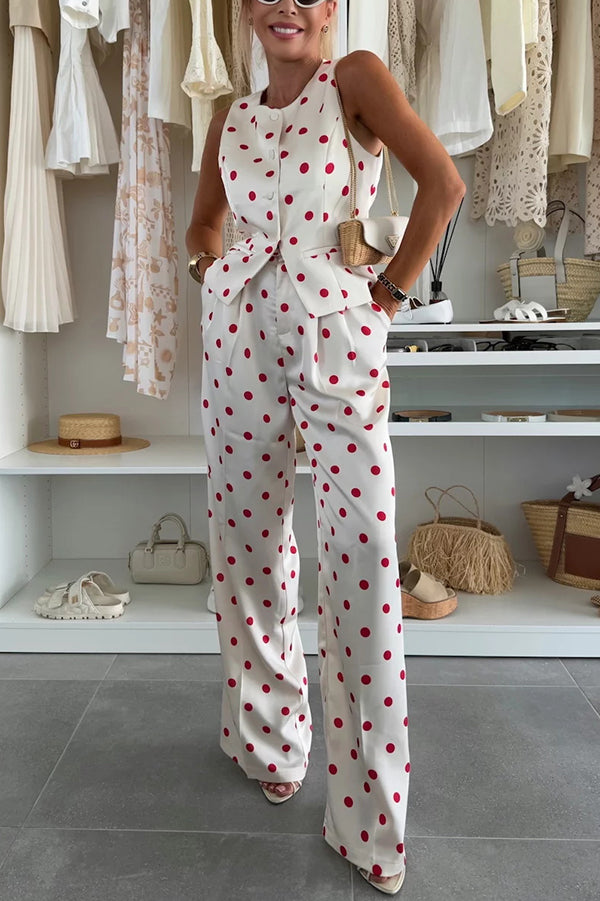 Koreen Polka Dot Round Neck Button Vest and High Rise Pocket Straight Pants Set