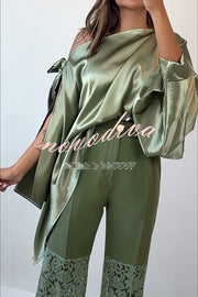 Chic Moment Satin Irregular Knot Slit Sleeve One Shoulder Loose Blouse
