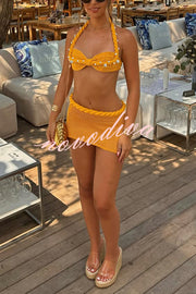 Sexy Halterneck Pearl-embellished Lace-up Tank and Fitted Knit Mini Skirt Set