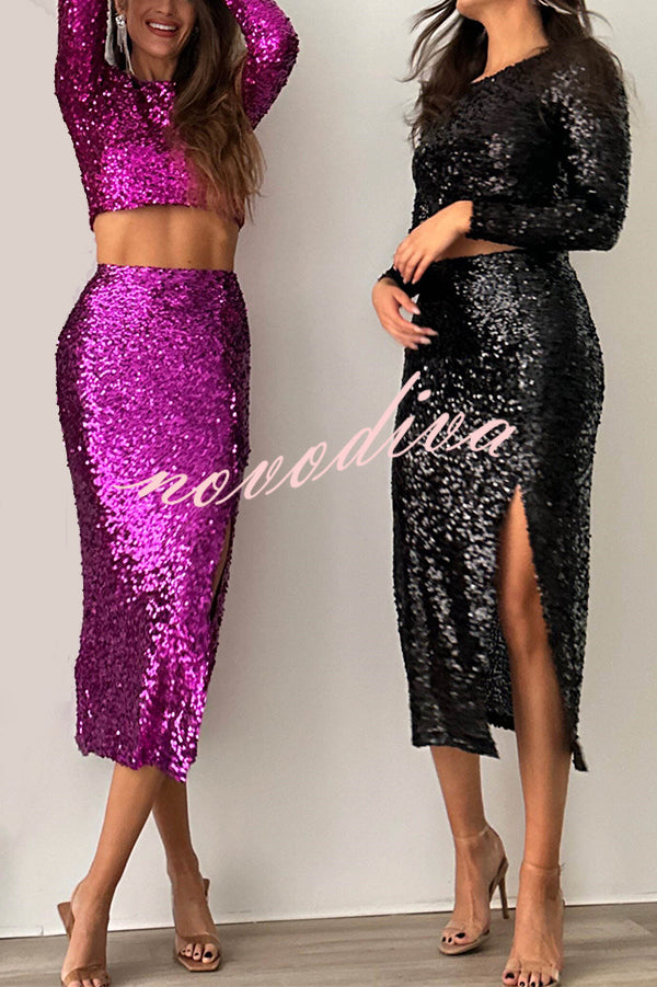 Solid Sequined Long-sleeved Crop Top and Sexy Slit Midi Skirt Set