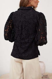 Sexy Hollow Lapel Casual Lace Shirt Top