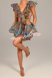 Dreamy Island Floral Leopard Print Cutout Waist Tiered Ruffles Mini Dress