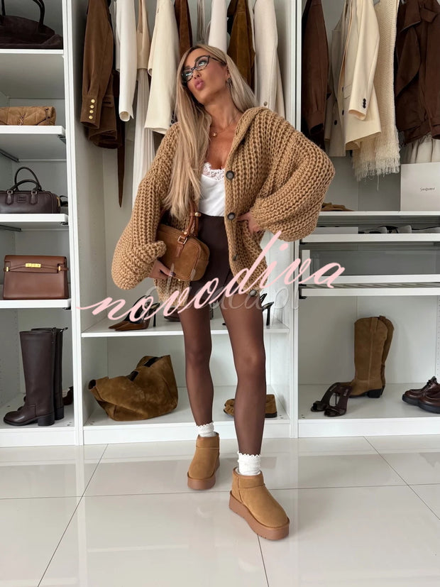 Warm Day Knit Button Up Long Balloon Sleeve Hooded Loose Cardigan