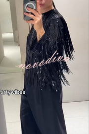 Party Crasher Layered Sequined Tassels Long Sleeve Loose Jacket