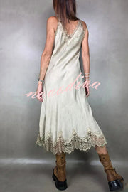 Fashionable V-neck Suspender Lace Splicing Casual Midi Dress