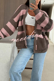 Fashionable Patchwork Striped Casual Pocket Knitted Sweater