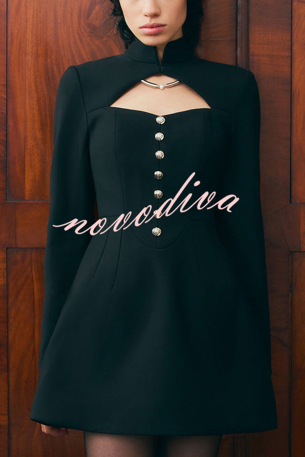 Elegant Long-sleeved Hollowed-out Button-down Slim-fit Mini Dress