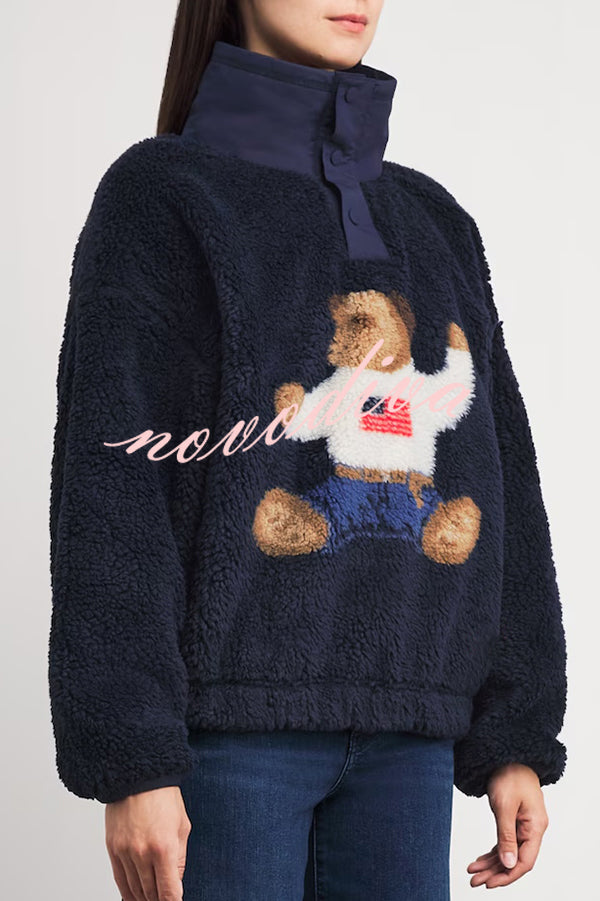American Retro Polo Bear Pattern Stand Button Neck Long Sleeve Fleece Pullover