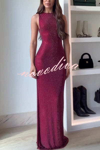 Holiday Nights Sequin Boat Neck Sleeveless Slit Maxi Dress