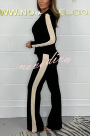 Fashionable Color Block Gold Button Long Sleeve Top and Elastic Waist Loose Pants Set