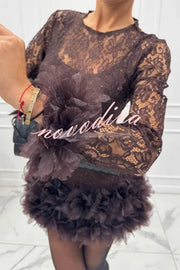 Alyssa Lace Fabric Tulle Layered Petals Trim Long Sleeve Mini Dress