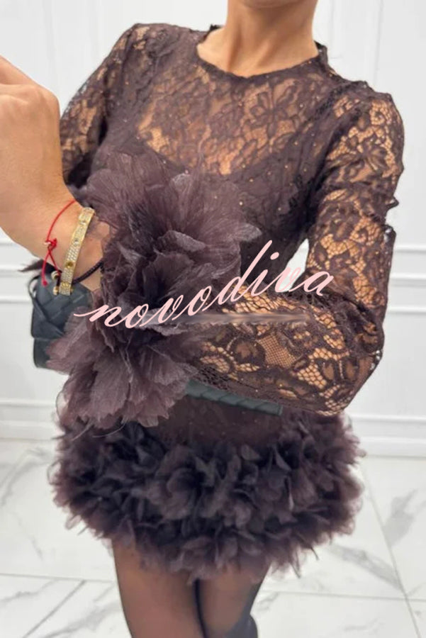 Alyssa Lace Fabric Tulle Layered Petals Trim Long Sleeve Mini Dress