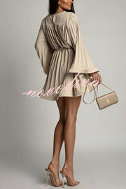 Fashion Bell Sleeve Loose Waist Tie Pleated Mini Dress