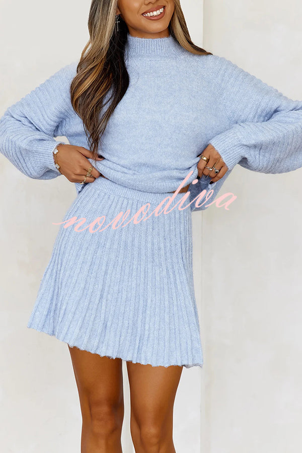Solid Color Round Neck Puff Sleeve Loose Knit Sweater and Casual Striped Mini Skirt Set