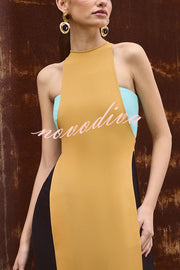 Fashionable Contrast Color Stitching Sleeveless Slim Maxi Dress