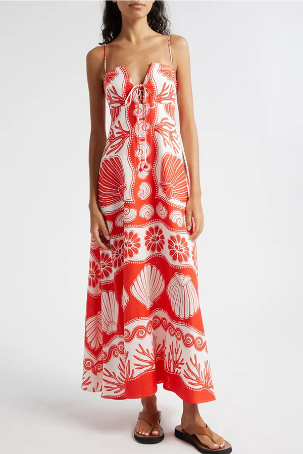 Beautiful Shell Unique Print Front Lace-up Loose  Maxi Dress