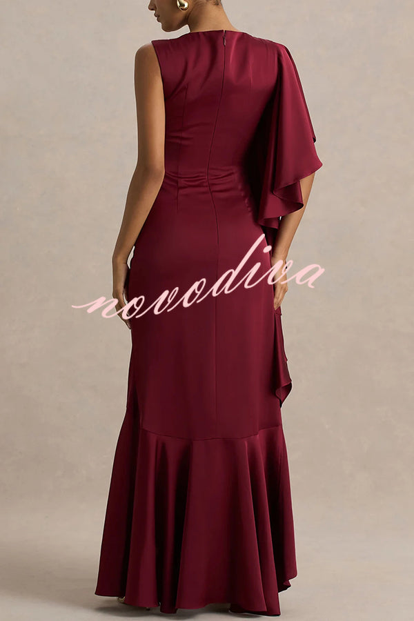 Freya Satin Boat Neck Waterfall Frill Sleeve Drape Maxi Dress