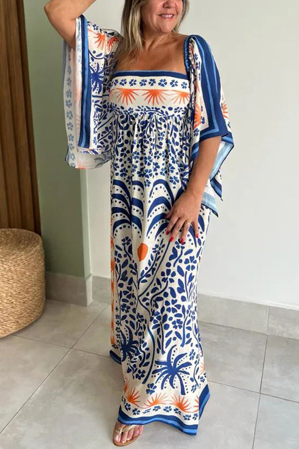 Resort Style Ethnic Print Square Neck Bell Sleeve Loose Maxi Dress