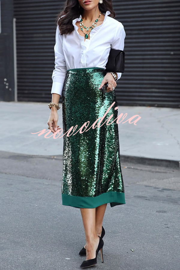 Shimmer Scene Sequin Patchwork Hem High Rise Slit Pencil Midi Skirt