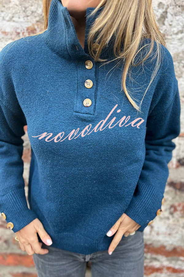 Solid Color High Collar Button Loose Long Sleeve Knitted Sweater