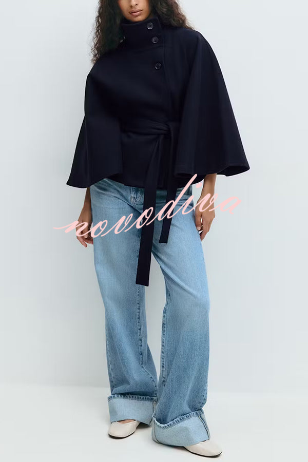 Fashionable Stand Collar Button Waist Tie Loose Cape
